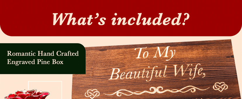 Anniversary for Wife Engraved Wooden Gift Set 'To My Beautiful Wife' Includes Crystal Engraved Heart 24K Gold Dipped Rose for Birthday Gifts