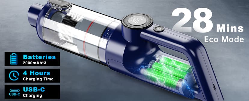 MONOZEL Handheld Vacuum Cordless - Car Vacuum Cleaner with Brushless Motor, 15kPa Powerful Suction Vacuum with LED Light, Type C Port, 2 Fliters, Portable Hand Vacuum for Home, Pet and Car