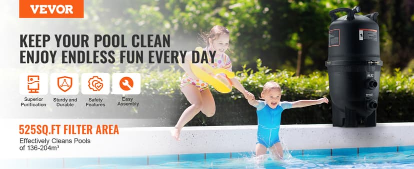 VEVOR 2025 Pro Cartridge Pool Filter Tank & Element for Above Ground & Inground Pools, Large 520-525Sq. Ft Cleaner System Compatible W/Pumps 1 to 3 HP| Up to 15311 GPH |for Pools Up to 122490 Gallons