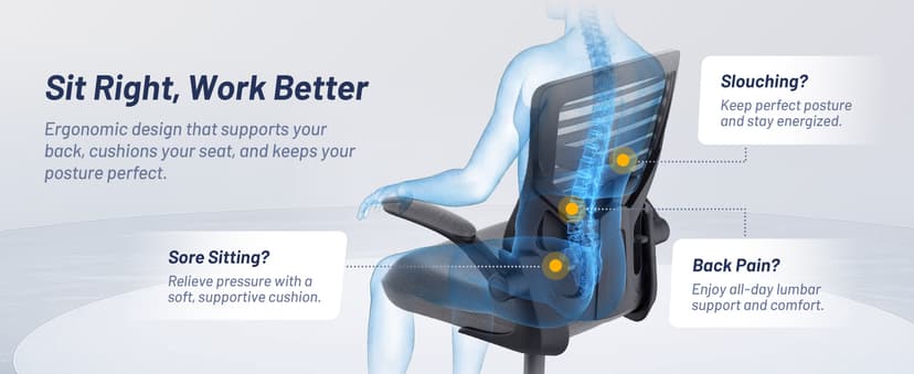 Office Desk Chair for Long Hours & Back Pain Relief – 4“ Thick Molded Foam Cushion, Enhanced Lumbar Support, Padded Flip-up Armrests, Ideal for Office or Study, Dark Gray