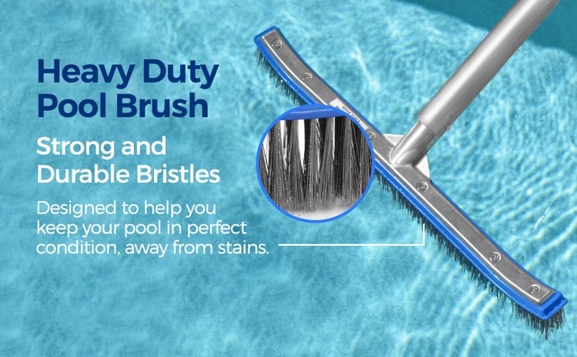 440 Heavy Duty Pool Brush - 18-inch Extra-Wide Metal Brush Head with Stainless Steel Wire Bristles & Curved Edges for Cleaning Pool Tiles, Walls, Floor, Steps (Stainless Steel)