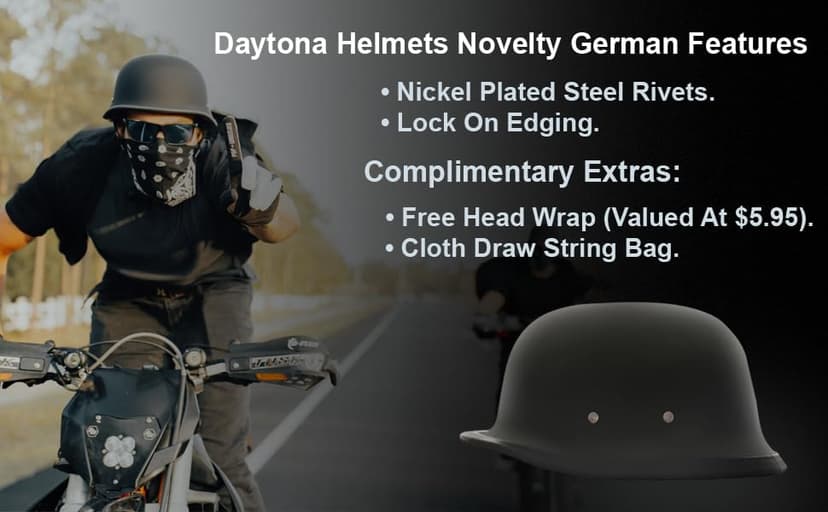Daytona Helmets German Style Novelty Motorcycle Helmet - Timeless Classic Design, Comfortable Padded Liner, Adjustable Leather Chin Strap- Perfect Biker Accessory for Men & Women