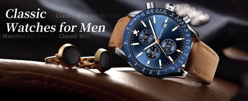 Casotime Men's Leather Band Chronograph Watch - 30M Waterproof Big Face Analog Quartz Date - Work Sport Casual Classical Fashion Designer Dress Wrist Watch - Elegant Gift for Men