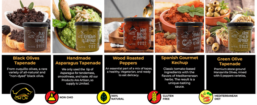 Spanish Gourmet Tapenade Gift Set - 5 Premium Mediterranean Spreads & Sauces | Olive Tapenade, Asparagus, Roasted Peppers & Ketchup | Vegetarian Food Gift Basket from Spain
