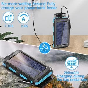 Solar Charger Power Bank, 20000mAh Portable Outdoor Waterproof Solar Battery Charger, Camping External Backup Battery Pack USB C Ports Input/Output, 2 Led Light Flashlight with Compass (Blue)