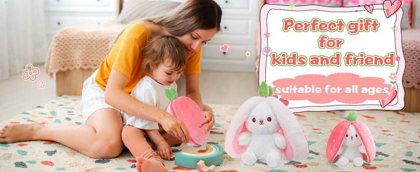 MIAODAM Bunny Stuffed Animal Reversible Cuddle Bunny Stuffed,Strawberry Bunny Transformed Rabbit Plush Zipper,Turns Into Ears Bunnies Plushies Toy Cute Stuffy Doll Easter