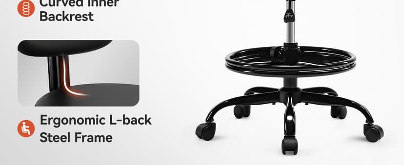 Shop Stool with Wheels for Garage, Mechanics Rolling Chair with Backrest, Adjustable Height Heavy Duty Garage Stool with Footrest and Storage Tray, Swivel Task Chair for Workshop Kitchen Salon