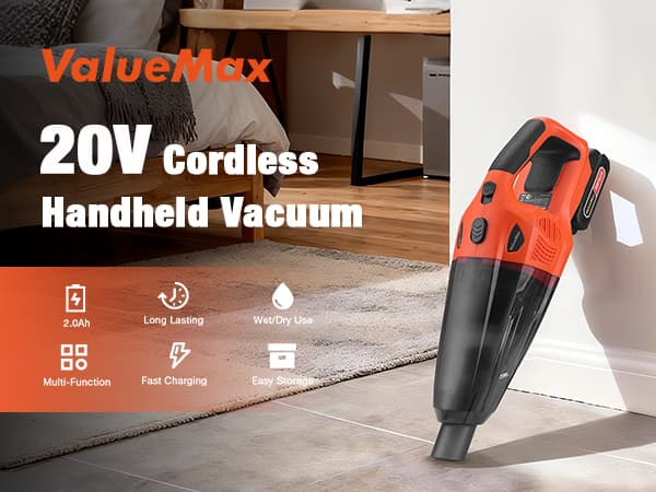 ValueMax Cordless Handheld Vacuum, Portable Vacuum Cleaner Dry/Wet Suction with 20V Rechargeable Battery and Multi-Nozzles for Car, Home and Pet Hair Cleaning(Battery Included)