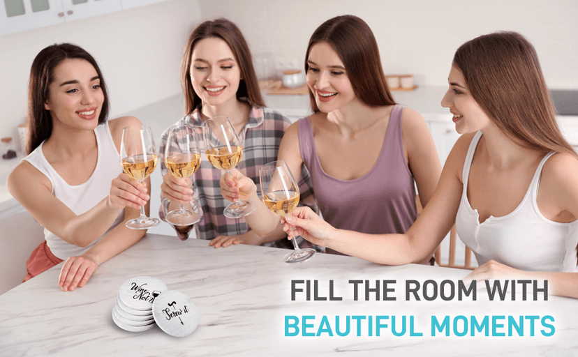 Coasters for Drinks Absorbents with Holder - 6 Pcs Gift Set with 6 Funny Sayings for Wine Lovers - Ceramic Stone with Corked Back, Unique Present for Housewarming, Living Room Decor