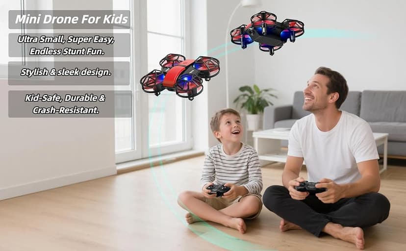 Red Mini Drone for Kids, Indoor & Outdoor RC Quadcopter, Full Propeller Guards, LED Light, 3D Flips, One Key Start, Headless Mode, 2 Rechargeable Batteries, 21 Mins Total Flight Time, Toy Gift for Boys and Girls