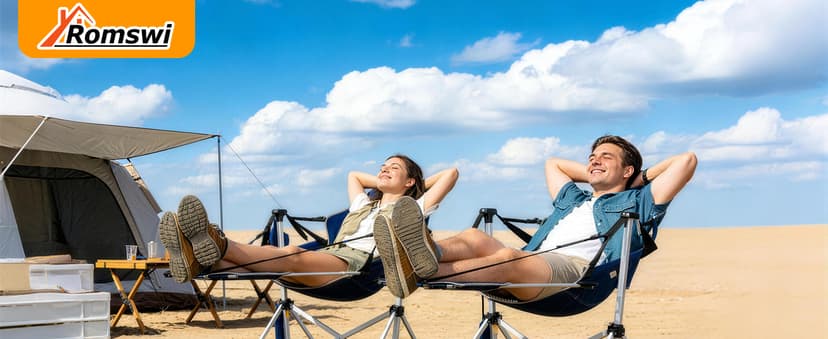 Romswi 2-Pack Aluminum Hammock Chair with Footrest, Oversized Portable Folding Swinging Chair with Adjustable Back & Seat, Lightweight Rocking Camp Chair Supports 440lbs for Outdoor, Patio - Black