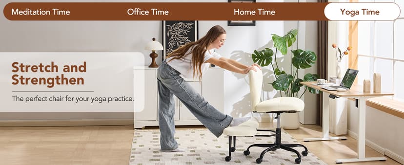 YFO Ergonomic Cross Legged Office Chair and ADHD Meditation Chair with Silent Wheels for Home Office Desk Chair and Yoga, Wider Backrest Support and Storage Pockets Design, PU Leather, Cream