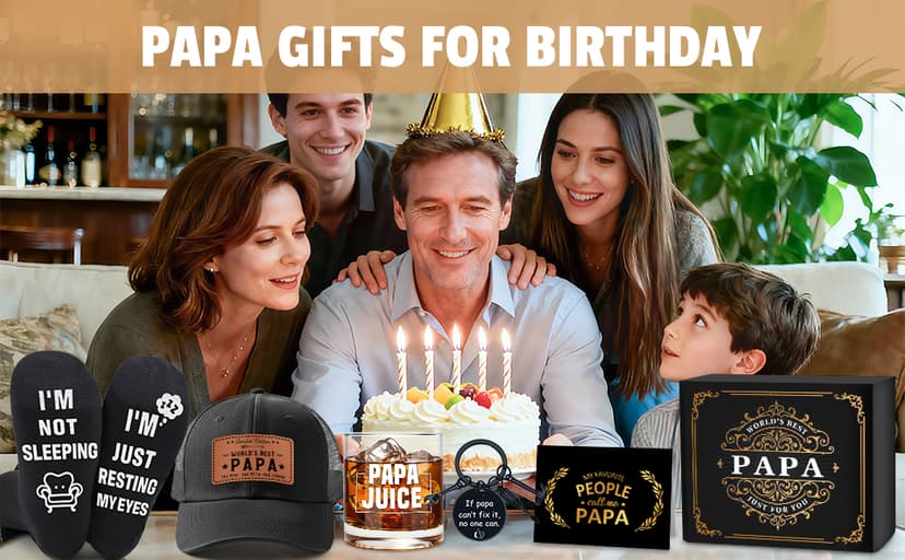 Papa Gifts from Grandkids Papa Birthday Gifts for Men Happy Birthday Gift Ideas for Best Papas from Grandson Granddaughter Grandchildren Funny Gift Set for Christmas, Fathers Day with Hat, Wine Glass B0FW57CH3S