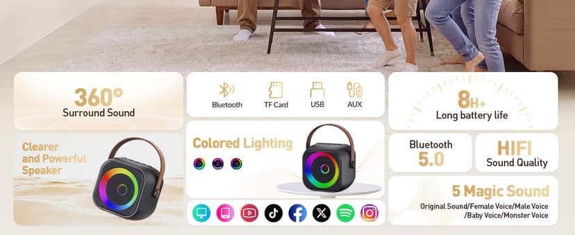 360° Surround Sound,5 Voice Effects,Bluetooth 5.0,LED Lights, TF/USB/AUX, For Kids and Adults, Family Home Party and Gifts Mini Karaoke Machine,Portable Bluetooth Speaker with 2 Wireless Microphones B0CNX6MMK3