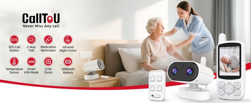 CallToU 2-Way Talk Baby Monitors for Elderly with Call Button Room Monitors for Elderly Monitor with Camera and Audio Night Vision Video Monitor for Elderly Seniors Dementia Patients No WiFi