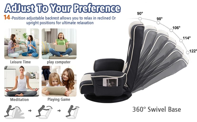 360 Swivel Gaming Floor Chair with Armrest Multi-Angle Folding Floor Chair Padded Backrest Lazy Sofa Lounge Chair for Living Room, Home Office QL201W-US-GR