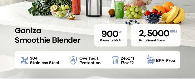 With 3 Portable Cups (1*24oz & 2*17oz), Peak Power 900W Single Serve Smoothie Maker for Kitchen, BPA-Free, Nutritious Recipe Ganiza Smoothie Blender, 14Pcs Portable Personal Blender Shakes & Smoothies B0DJM4QW9B