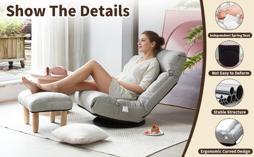 Swivel Lazy Floor Chair with Ottoman, Adjustable Reclining Floor Lounger with Back Support, Comfy Tatami Sofa Seat for Adults Bedroom & Gaming