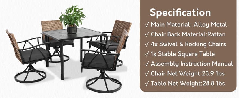 5-Piece Patio Dining Set for 4,Outdoor Dining Set with Wicker Swivel Patio Dining Chairs with Cushions & 1 Black Square Woodgrain Dining Table with 1.75”Market Umbrella Hole, Black & Brown