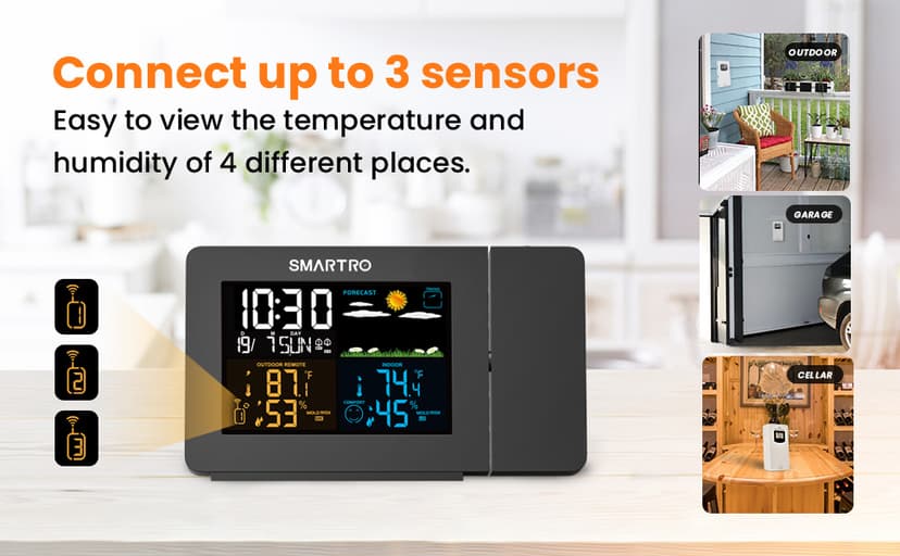 SMARTRO SC91 Projection Alarm Clock for Bedrooms with Weather Station, Wireless Indoor Outdoor Thermometer, Temperature Humidity Monitor Gauge Hygrometer