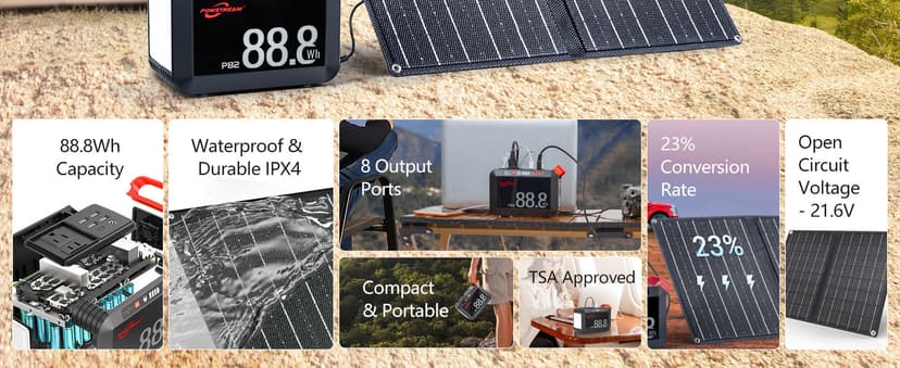POWSTREAM 24000mAh Solar Generator with AC Outlet 120W Peak, 88.8Wh Portable Power Station with Panels 21W Included and Camping Lantern 248LM, Solar Powered Power Bank for Outdoor Camping Home Backup