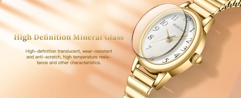 BOFAN Small Gold Watches for Women Easy Read Ladies Quartz Wrist Watch with Stainless Steel Expansion Band,Waterproof.