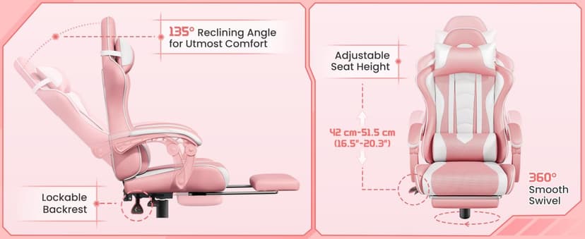 Yaheetech Gaming Chair, Video Game Chair with Massage Lumbar Support and Footrest Height Adjustable Ergonomic Computer Chair with Swivel Seat and Headrest, Pink/White