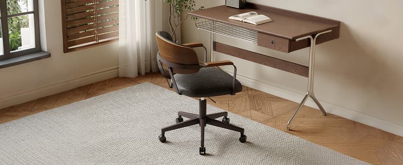 Mid-Century Modern Desk Chair with Walnut Bentwood Design,Retro Home Office Chair with Adjustable Height,360°Swivel,Smooth Rolling Casters,Small Computer Chair PU Leather (Black)