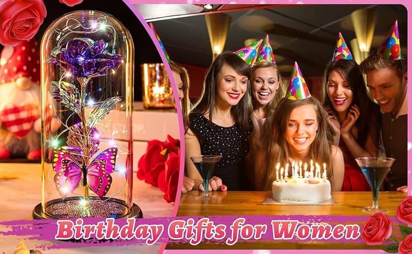 Birthday Gifts for Women Mom, Galaxy Glass Rose Forever Eternal Crystal Flower Light Up Rose in Glass Dome with Butterfly Mothers Day Christmas Rose Gifts for Her Wife Daughter Friends Colorful