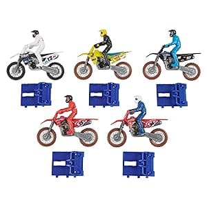 Supercross, Authentic 5-Pack of 1:24 Scale Die-Cast Motorcycles with Rider Figure, Toy Moto Bike for Kids and Collectors Ages 3 and up