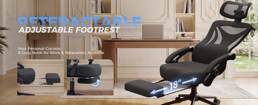Ergonomic Office Chair with Footrest - Adjustable Lumbar Support & Headrest, 90-160° Reclining Mesh Back Computer Chair - Home Office/Gaming, 350lbs Capacity