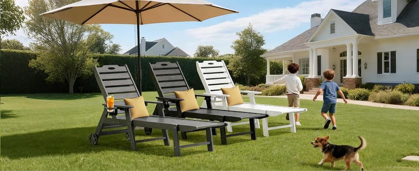 Carauci Lounge Chair Outdoor Set of 2, HDPE Chaise Lounge with Wheels, 5-Position Adjustable Backrest & 2 Cup Holders Patio Lounge Chair, All-Weather Pool Sun Lounger for Poolside, Backyard, Black