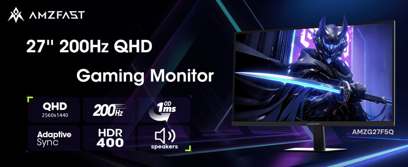 Amzfast 27 Inch 200Hz WQHD (2560 x 1440) Fast IPS Gaming Monitor, Built-in Speakers, 1ms G-SYNC Compatible, HDR400, 132% sRGB, 96% DCI-P3, VESA 100x100, HDMI 2.0 x 2 & DP 1.4 x 2, AMZG27F5Q
