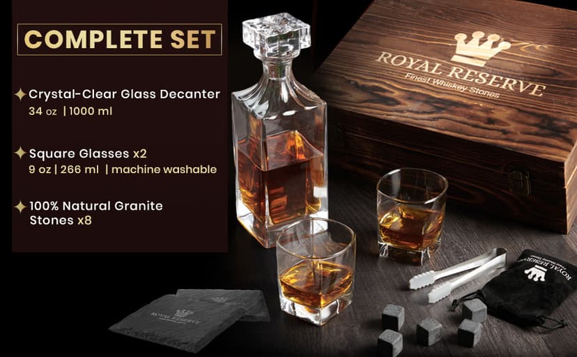 Whiskey Decanter Gift Set by Royal Reserve – Liquor Bourbon Decanter 24 oz 750 ml with Glasses, Chilling Stones, Coasters and Tong – Whiskey Gifts for Men, Husband, Dad, Boyfriend