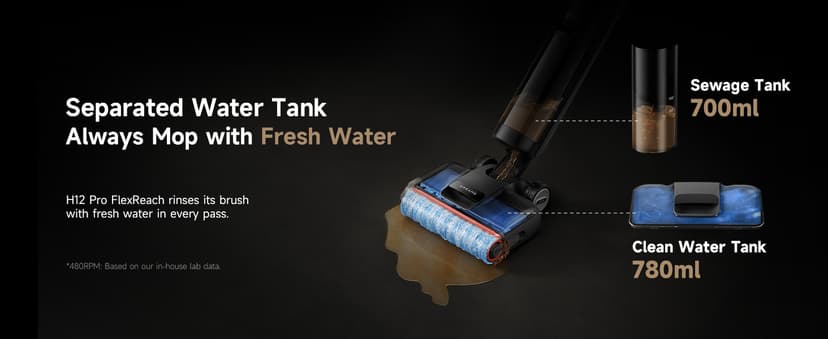 DREAME H12 Pro FlexReach Wet Dry Vacuum Cleaner, 0 Tangle Cordless Vacuum Mop All-in-One for Hard Floors, 180° Lie-Flat Floor Cleaner Machine with 194°F Hot Self-Cleaning, 50Mins Runtime