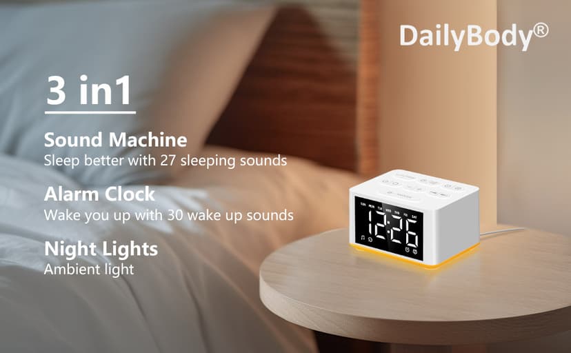 【3 in 1】 Sound Machine Dual Alarm Clock Night Light White Noise Machine 27 Sleeping Sounds for Adults Kids Precise 32 Level Volume Sleep Timer Memory Function Digital Clock with 30 Wake Up Sounds