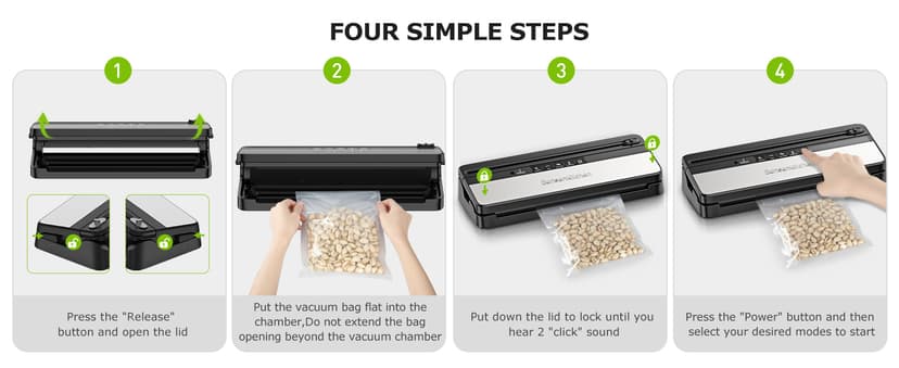 Bonsenkitchen Vacuum Sealer, Multi-Functional Food Sealer with 1 Roll Bag+ 5 Bags, Bag Storage | Built-in Cutter, Silver-Stainless steel