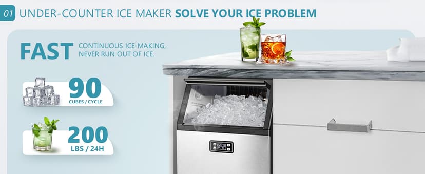 EUHOMY Commercial Ice Maker Machine, 200lbs Daily Output, Under Counter ice Machine with 65lbs Ice Storage Capacity, Perfect for Home/Bar/Restaurant/Outdoor Activities(Stainless Steel)