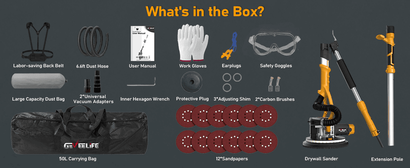 GEVEELIFE Drywall Sander, 880W 7.33A Electric Drywall Sander with Vacuum Dust Collector, 5 Variable Speed 1000-2100RPM, LED Light, Foldable & Extendable Handle, 12 Sanding Discs (Dark Orange)