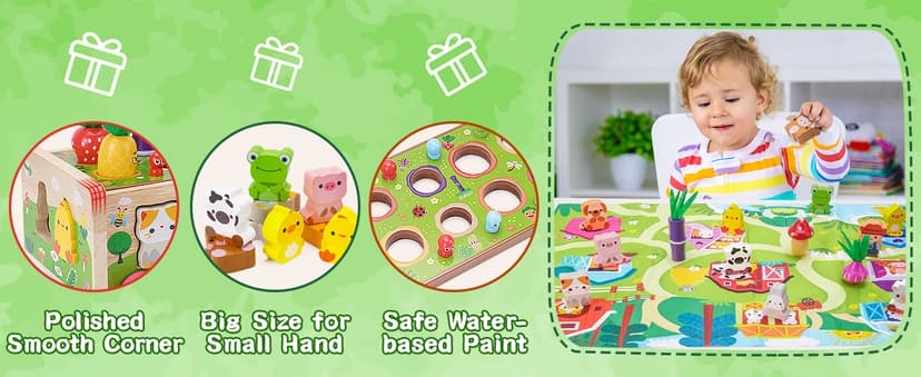 Toddler Montessori Wooden Farm Toys | Babies 12-18 Months Toy with Game Map for 1 2 3 Year Old Boys Girls | 1st First Birthday Gifts for 1-2 Years | Wood Learning Educational Toys Fine Motor Skills