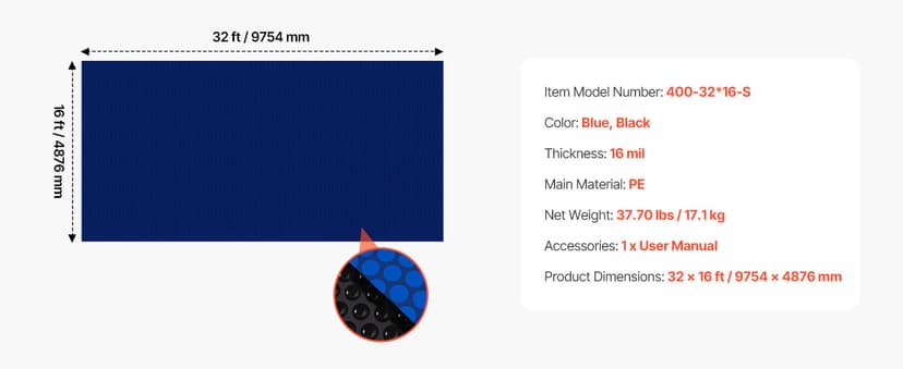 VEVOR Solar Pool Cover, 32 x 16 ft Pool Bubble Cover, 16 Mil Pools Solar Blanket with Dual Heat-Locking Air Layer for Pools, Daytime Heat Absorption, Nighttime Heat Retention, Blue & Silver, Cuttable