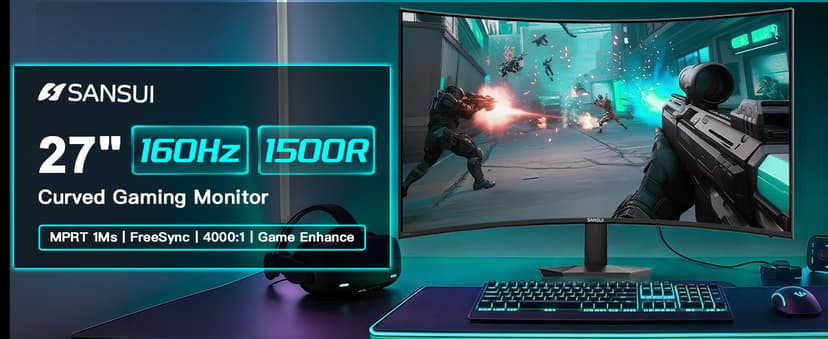 SANSUI 27 Inch Curved 160Hz Gaming Monitor, 1500R Curved Computer Gaming Monitor FHD 1080P, 4000:1, 110% sRGB, FPS/RTS, 1Ms MPRT|FreeSync|HDR|Low Blue Light|HDMI DP| VESA Support, HDMI Cable Incl.