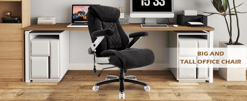 Fabric 700lbs Big and Tall Office Chair, Ergonomic Heavy Duty Executive Cloth Office Chair with 5D Flip Arms & Adjustable Lumbar Support & Dual Rubber Wheel, Large Thick Padded Extra Wide Seat, Black