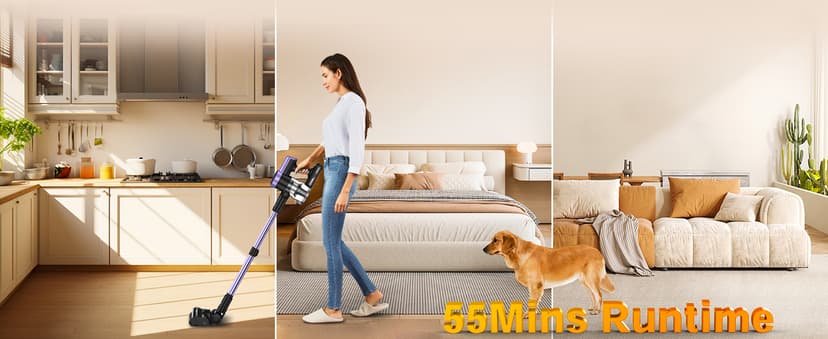 Cordless Vacuum Cleaner, 46KPa/500W Stick Vacuum with 55 Mins Runtime, Self-Standing Vacuum Cleaner for Home, LED Display, Anti-Tangle Brush, Rechargeable Vacuum for Hardwood Floor, Pet Hair (Violet)