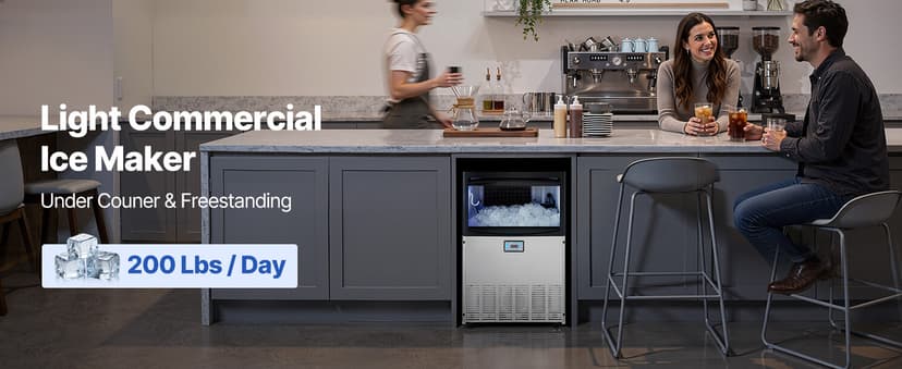 VEVOR Commercial Ice Maker Machine, 200 lbs/24h with 50 lbs Storage Capacity, Built-in/Freestanding/Under Counter, Stainless Steel Ice Maker with LED Display & Self-Cleaning, for Home Bar Restaurant