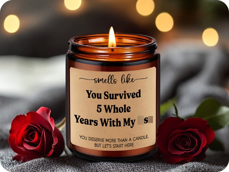 LEADO 5th Wedding Anniversary Candle - 5 Year Marriage Wood Themed Gifts for Husband Wife, 5 Year Anniversary Candle Gifts for Him Her - 5th Anniv. Funny Present for Couple, Women, Men, BF, GF