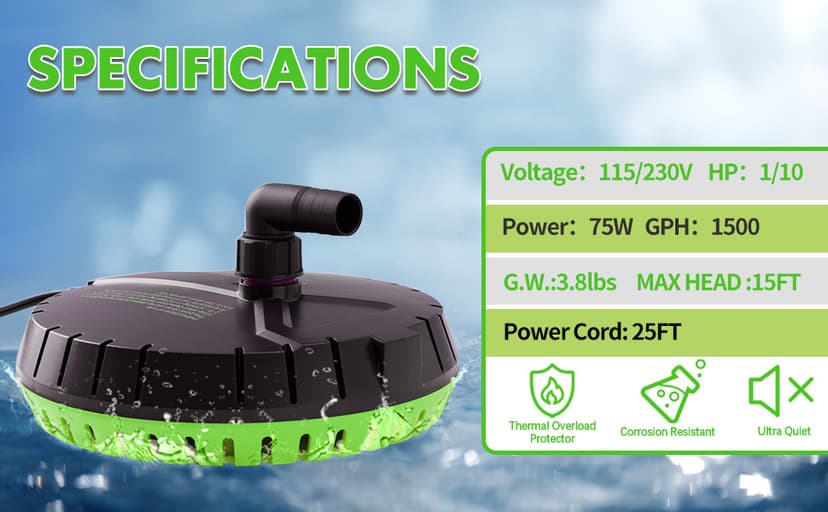 Automatic Pool Cover Pump, 1500GPH Submersible Sump Pump for Pool Draining, 25FT Power Cord, 2 Adapters, Available for Swimming Pool Covers, Swimming Pools, Fish Tanks, Ponds, Green