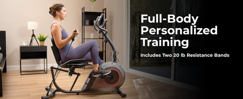 Sunny Health & Fitness Smart Heavy-Duty Recumbent Bike w/Wide Cushioned Seat & Back, Indoor Cycling Machine for Adult/Seniors Home Exercise, Free SunnyFit App Connect, Optional Workout Training Bands