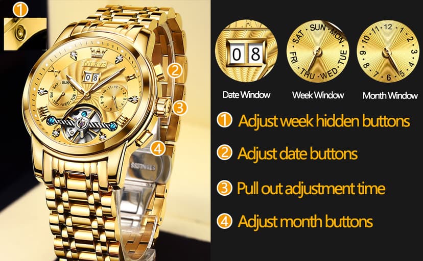 OLEVS Men Automatic Watch Skeleton 5 Hands Mechanical Classic Luxury Multi Calendar Stainless Steel Waterproof Wrist Watch for Men
