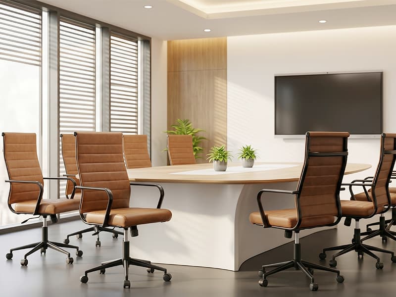 Okeysen Leather Office Desk Chair, Mid-Century Modern Leather Conference Room Chairs, Ergonomic Executive Ribbed Height Adjustable Swivel Rolling Chair for Home Office.